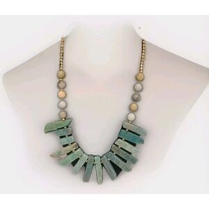 Costume Faux Turquoise/Goldtone Look Bib Necklace Lobster Clasp Heavy Stones 24"